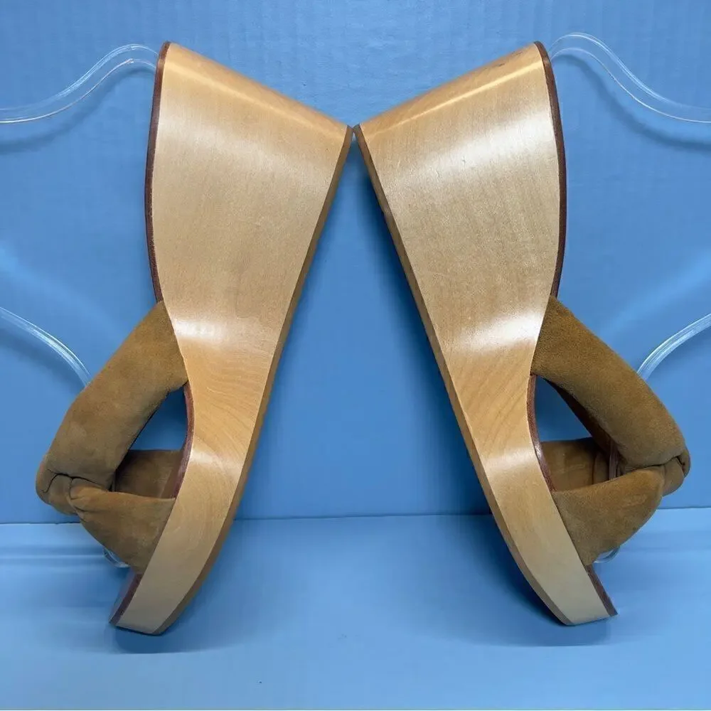 Loeffler‎ Randall Taylor Platform Wedge Heel Sandals in Sienna Tan Suede 11